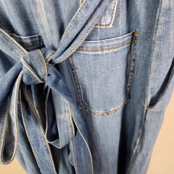 Pilcro by Anthroplogie Lydia Blue Denim Scallop Wrap Wide Leg Jumpsuit 2 - Picture 6 of 8